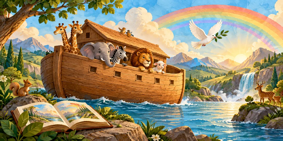 Een vrolijke ark met dieren onder een regenboog